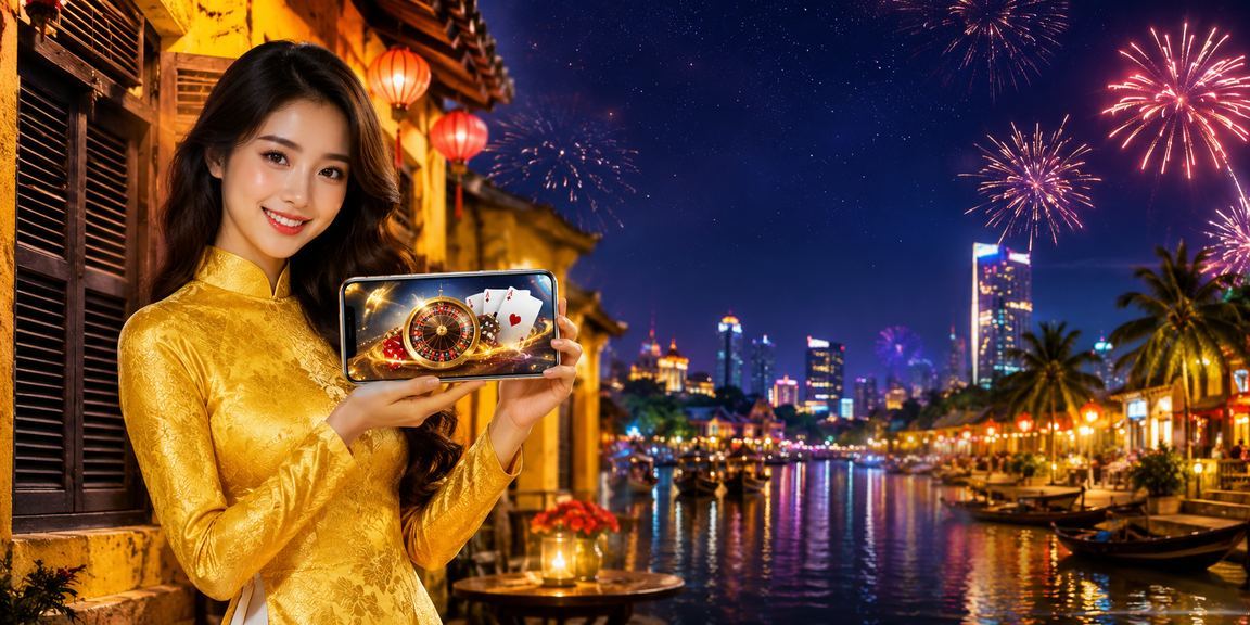 Người phụ nữ mặc áo dài tại Hội An chơi casino mobile và theo dõi jackpot