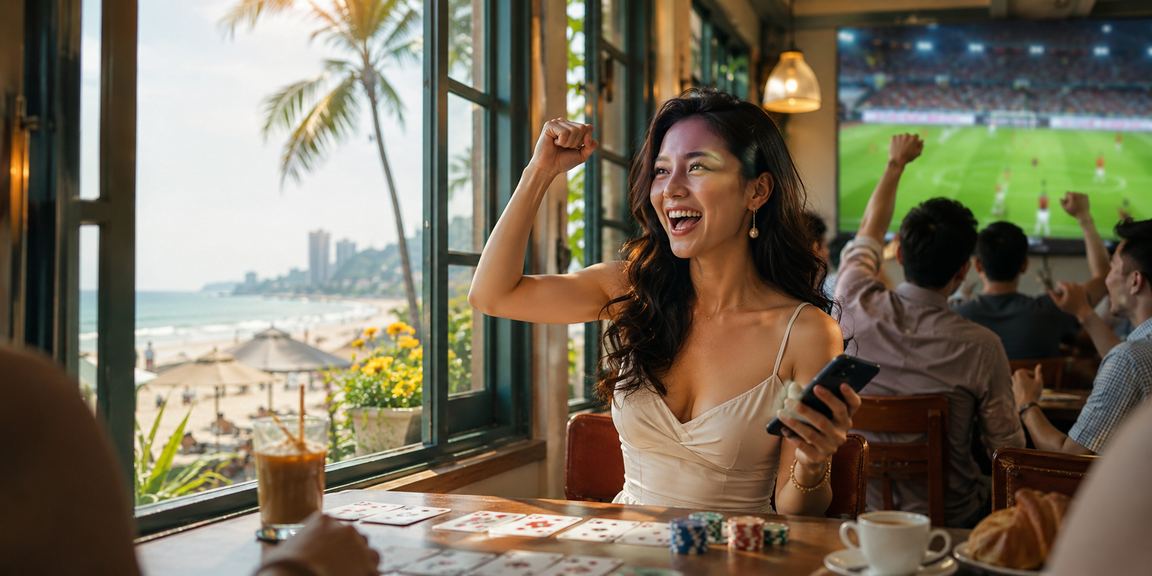 Không khí cá cược casino trực tuyến sôi động tại Việt Nam với màn hình hiển thị ưu đãi voucher